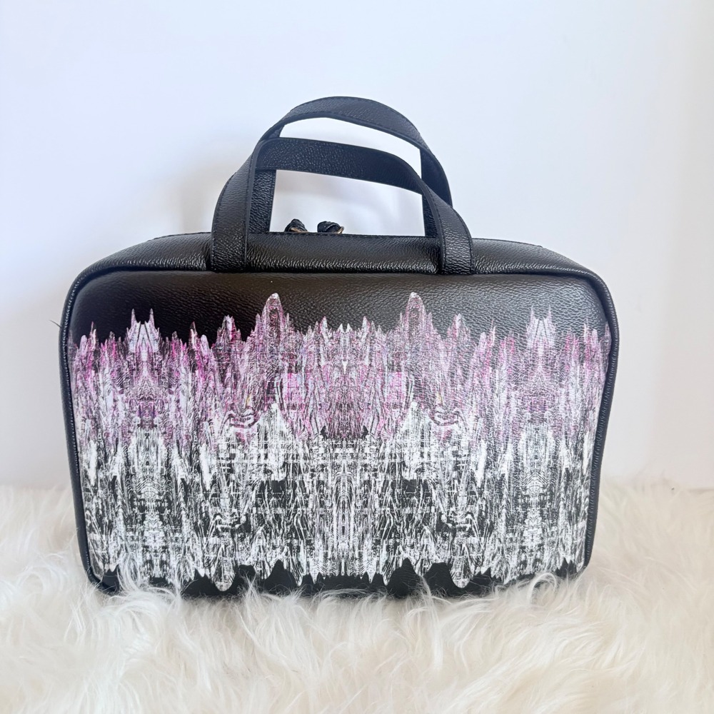 Elliott Lucca Black Pink Abstract Print Cosmetic Case Bag Double Handle Zip